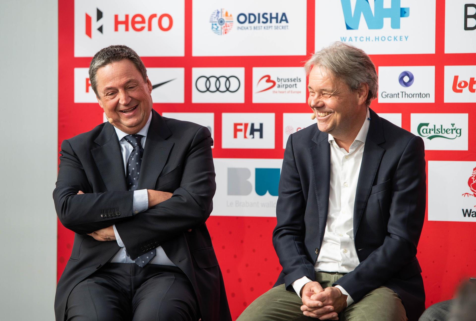 Belgian Hockey Federation Secretary-General Serge Pilet and CEO Royal Dutch Hockey federation Erik Gerritsen pictured during a press conference on the 2026 World Cup in Belgium and the Netherlands (15-30/08), in Brussels, on Tuesday 30 September 2025. BELGA PHOTO EMILE WINDAL
