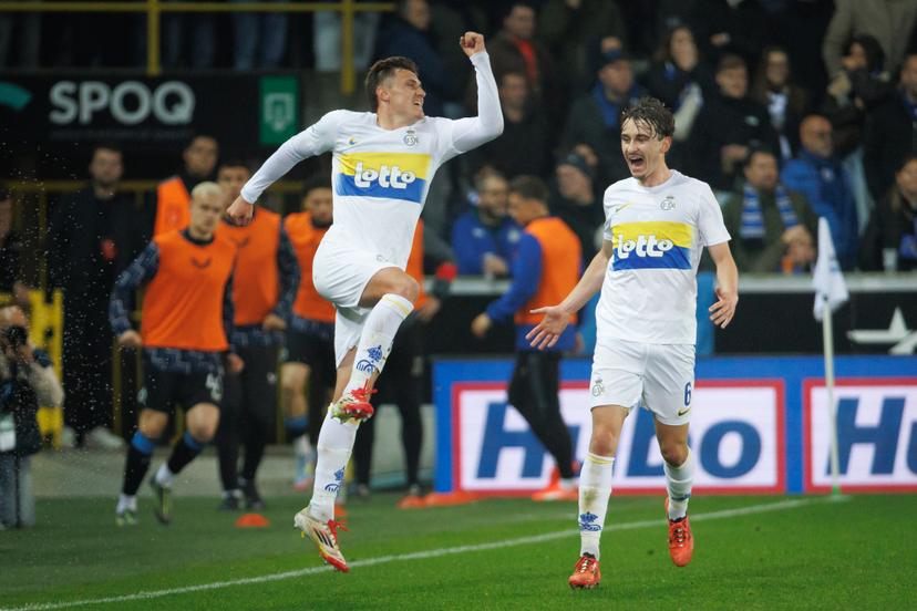 Union's Alessio Castro-Montes celebrates after scoring during a soccer match between Club Brugge and Royale Union Saint-Gilloise, Thursday 24 April 2025 in Brugge, on day 5 (out of 10) of the Champions' Play-offs of the 2024-2025 'Jupiler Pro League' first division of the Belgian championship. BELGA PHOTO KURT DESPLENTER