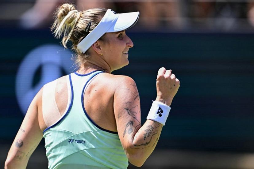 Czech Republic's Marketa Vondrousova reacts during the semi-final match at the WTA tennis tournament in Berlin on June 21, 2025.  Tobias SCHWARZ / AFP