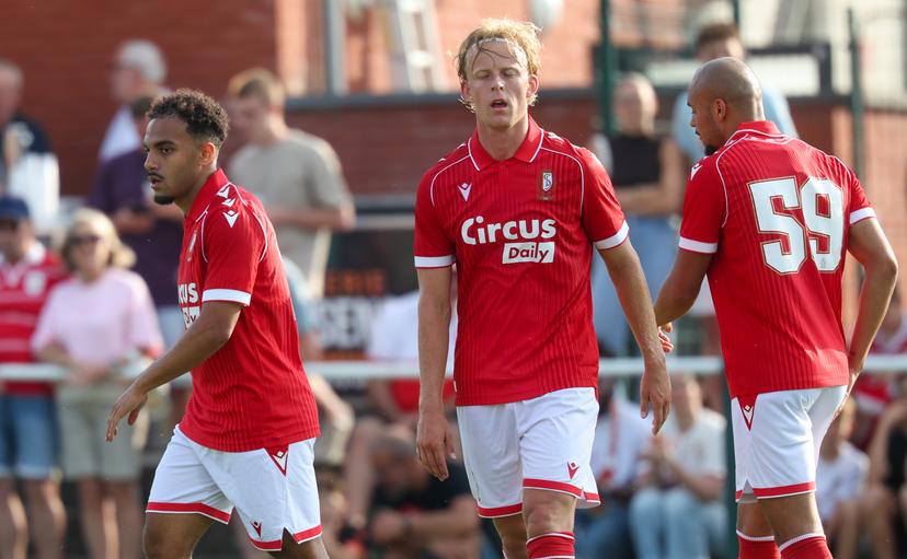 Standard's Adnane Abid celebrates after scoring during a friendly soccer game between third division soccer team Royal Football Club Aubel and first division Standard de Liege, on Wednesday 08 July 2026 in Aubel, in preparation of the upcoming 2026-2027 Belgian first division soccer season. BELGA PHOTO VIRGINIE LEFOUR