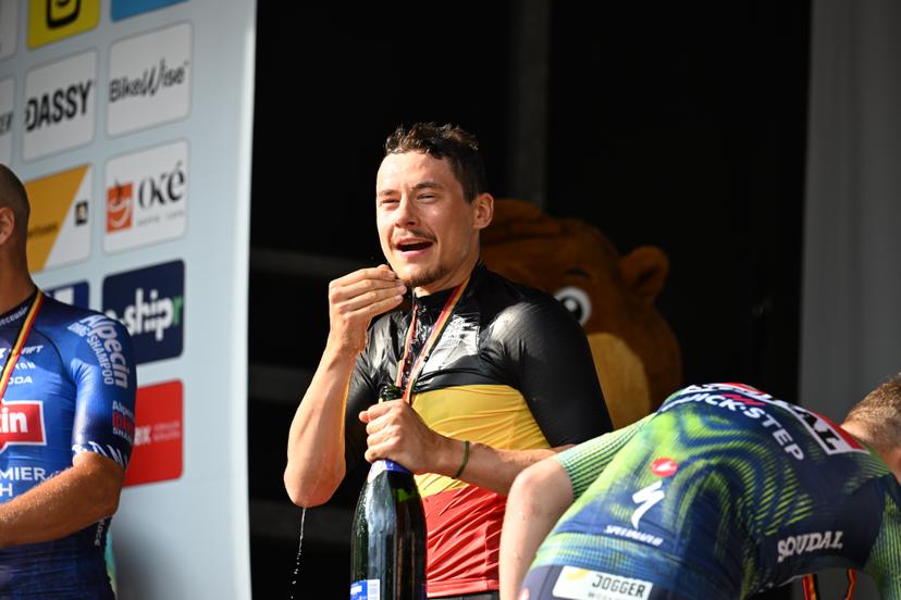 Belgian Rune Herregodts of UAE Team Emirates-XRG pictured after winning the men's elite race (240km) at the Belgian Cycling Championships, from Antwerp to Brasschaat on Sunday 28 June 2026. BELGA PHOTO POOL MAARTEN STRAETEMANS