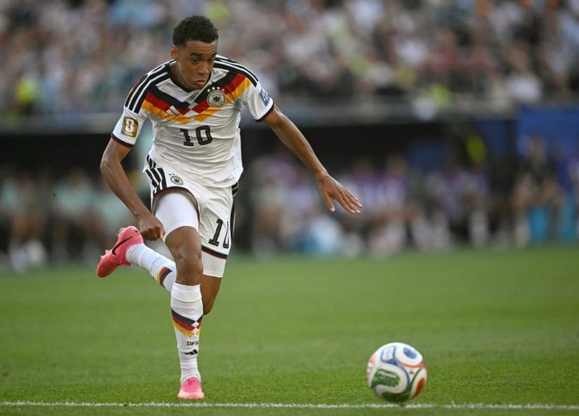 Germany's midfielder #10 Jamal Musiala controls the ball during the 2026 World Cup round of 32 football match between Germany and Paraguay at the Boston Stadium in Foxborough on June 29, 2026.   MAURO PIMENTEL / AFP