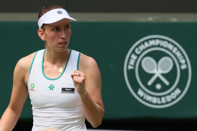 Belgian Elise Mertens reacts during a tennis match between Belgian Mertens and Kazakh Rybakina, in the third round of the Ladies' singles at the Wimbledon grand slam tennis tournament in London, Britain, Saturday 04 July 2026.  BELGA PHOTO BENOIT DOPPAGNE