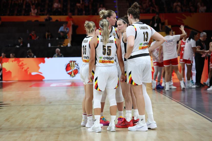 Belgium's Emma Meesseman; Belgium's Kyara Linskens; Belgium's Julie Allemand; Belgium's Antonia Delaere and Belgium's Julie Vanloo pictured during a game between Belgian national basketball team Belgian Cats and Turkey,  game 1 of the group phase at the FIBA Women's Basketball World Cup, on Friday 4 September 2026, in Berlin, Germany. The FIBA Women's Basketball World Cup takes place in Berlin from 4 to 23 September 2026. BELGA PHOTO VIRGINIE LEFOUR
