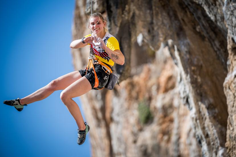 Athlete Heloise Doumont pictured in action during a climbing session during the annual stage of Team Belgium organized by the BOIC-COIB Belgian Olympic Committee, in Belek, Turkey, Friday 21 November 2025. The camp takes place from 19 to 26 November and focuses on the initial preparations for the 2028 Olympic Games in Los Angeles. BELGA PHOTO JASPER JACOBS