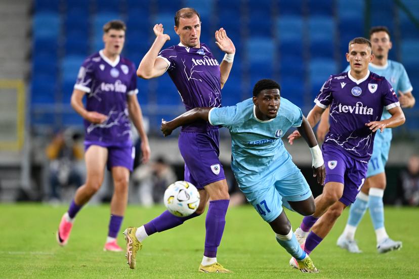 Cherkasy's Nazarii Muravskyi and Gent's Vergara pictured in action during a soccer game between Ukrainian FC LNZ Cherkasy and Belgian KAA Gent, Thursday 23 July 2026 in Plock, Poland, the first leg of the second qualifying round for the UEFA Conference League. BELGA PHOTO JILL DELSAUX