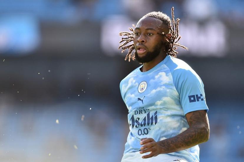 Manchester City's Ghanaian midfielder #42 Antoine Semenyo warms up ahead of the English Premier League football match between Manchester City and Sunderland at the Etihad Stadium in Manchester, north west England, on September 20, 2026.  PETER POWELL / AFP