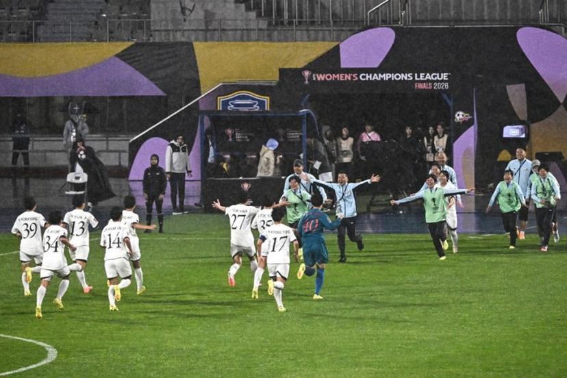 North Korea's Naegohyang Women's FC players celebrate after beating South Korea's Suwon FC Women during the Women's Asian Champions League semi-final football match at Suwon Sports Complex in Suwon on May 20, 2026.  Pedro Pardo / AFP
