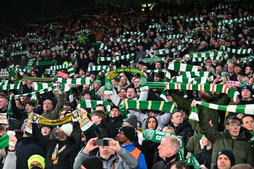 Caltic fans sing ahead of kick off in the UEFA Europa League knockout round playoff, 1st leg football match between Celtic and Stuttgart at Celtic Park in Glasgow on February 19, 2026.  ANDY BUCHANAN / AFP