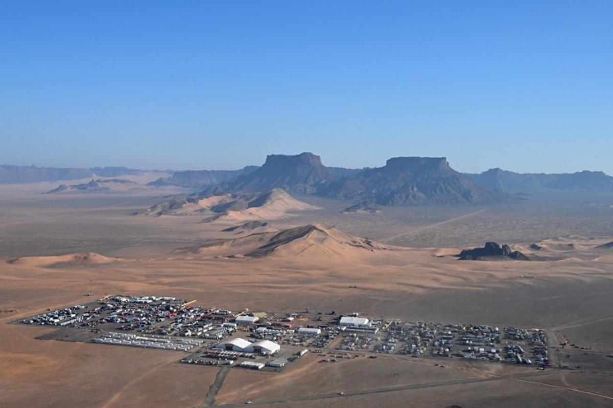 This aerial picture shows the bivouac in Al-Ula, Saudi Arabia, on the eve of the Dakar 2024 rally, on January 4, 2024.  ERIC VARGIOLU / POOL / AFP