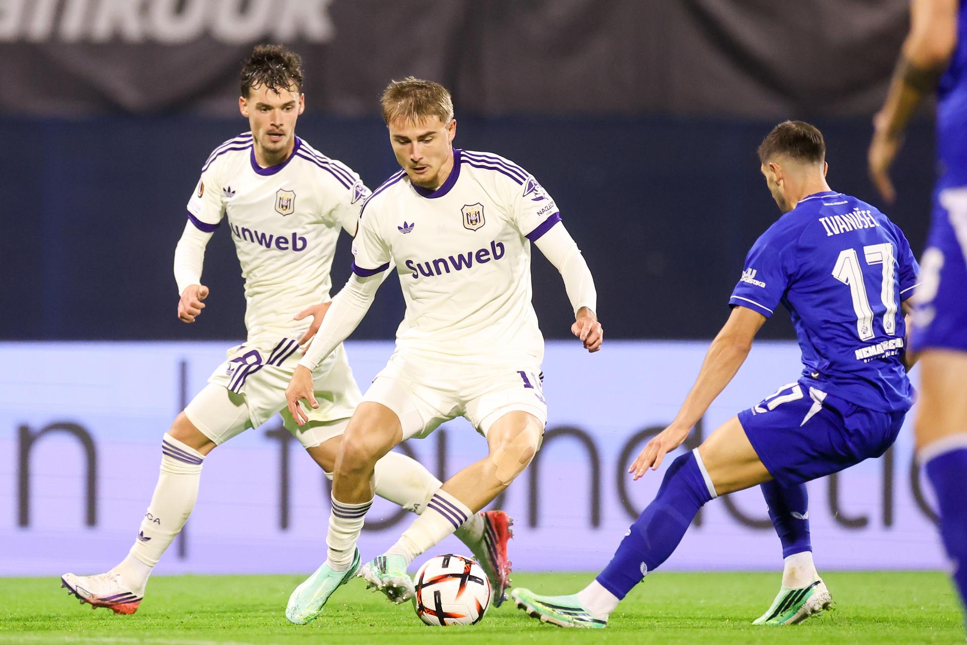 Marten Winkler of Anderlecht in action during the UEFA Europa League 2026/27 League Phase MD2 match between GNK Dinamo and RSC Anderlecht at Stadion Maksimir on October 15, 2026 in Zagreb, Croatia. Photo: Matija Habljak/PIXSELL BELGIUM ONLY