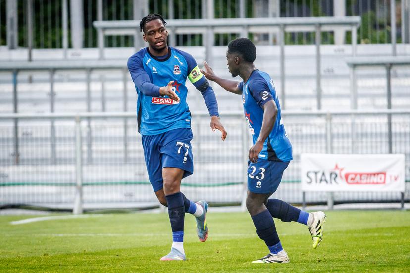 Dender's Bruny Nsimba celebrates after scoring during a soccer match between FCV Dender EH and RAAL La Louviere, Sunday 03 May 2026 in Denderleeuw, on the fifth day of the Relegation Play-offs of the 2025-2026 'Jupiler Pro League' first division of the Belgian championship. BELGA PHOTO KURT DESPLENTER