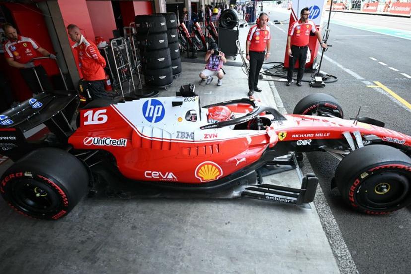 Ferrari's Monegasque driver Charles Leclerc leaves the garage during the first practice session of the Mexico City Formula One Grand Prix at the Hermanos Rodriguez racetrack in Mexico City on October 30, 2026.  YURI CORTEZ / AFP