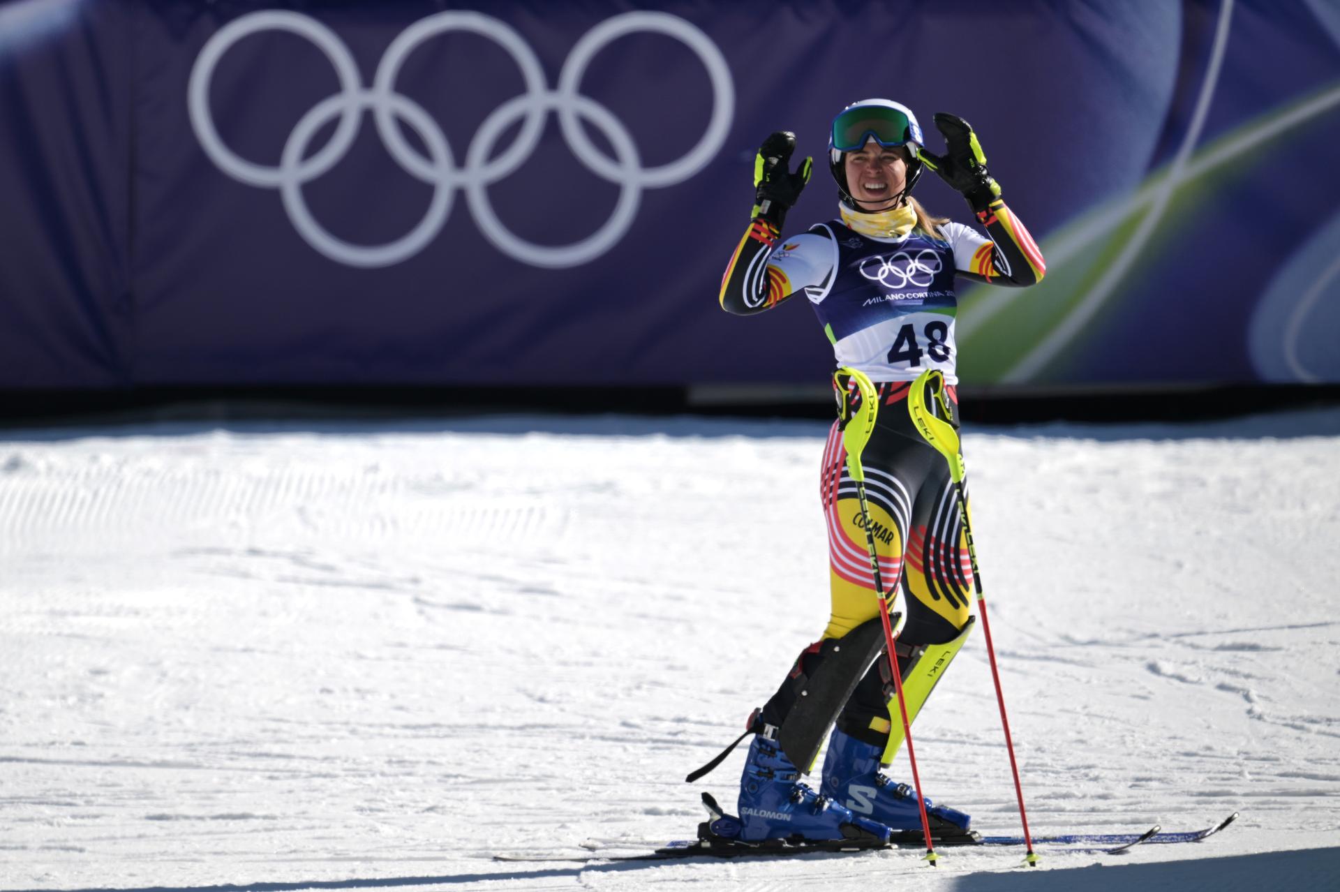 Belgian skier Kim Vanreusel pictured in action at the first slalom run of the Women's Alpine Skiing competition at the Milano Cortina 2026 Olympic Winter Games, on Wednesday 18 February 2026 in Milan, Italy. The XXV Winter Olympics take place from 6 to 22 February 2026 in Italy. BELGA PHOTO ANTHONY BEHAR *** BELGIUM ONLY ***
