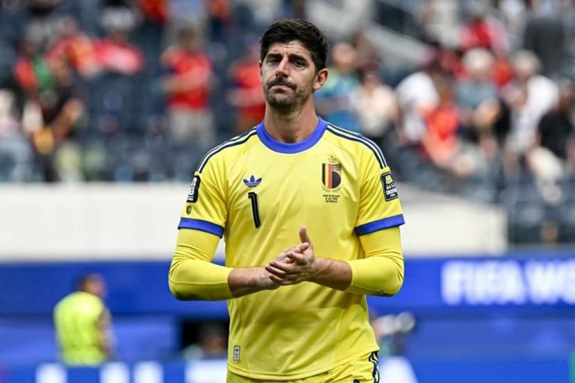 Belgium's goalkeeper #01 Thibaut Courtois reacts after losing the 2026 World Cup football tournament quarter-final match between Spain and Belgium at the Los Angeles Stadium in Inglewood on July 10, 2026.   Paul ELLIS / AFP