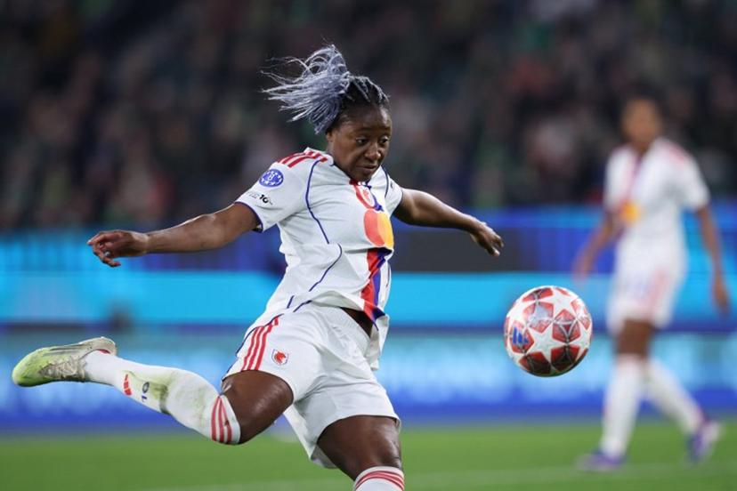 Lyon's French forward #11 Kadidiatou Diani kicks the ball during the UEFA Women's Champions League Quarter final First Leg football match VfL Wolfsburg v Olympique Lyonnais (OL) in Wolfsburg, northern Germany, on March 24, 2026.  Ronny HARTMANN / AFP