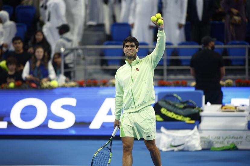 Spain's Carlos Alcaraz reacts after winning their men's singles semi-final match against Russia's Andrey Rublev at the Qatar Open tennis tournament in Doha on February 20, 2026.  Karim JAAFAR / AFP