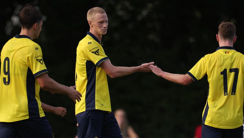 Union's Louis Patris celebrates after scoring during a friendly soccer game between Diegem Sport and Royale Union Saint-Gilloise, in Diegem, on Tuesday 30 June 2026. Union is preparing for the upcoming 2026-2027 first division season. BELGA PHOTO VIRGINIE LEFOUR