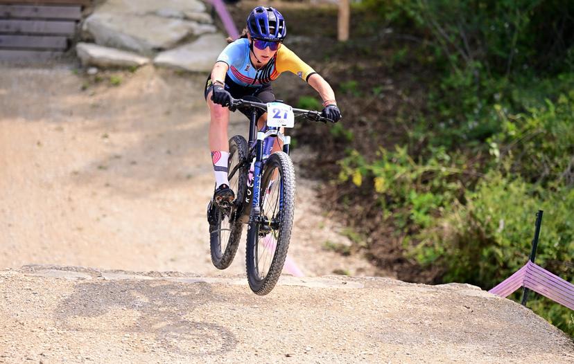 Belgian Emeline Detilleux pictured in action during the women's cross-country cycling race of the Paris 2024 Olympic Games, at the Colline d'Elancourt climb near Paris, France on Sunday 28 July 2024. The Games of the XXXIII Olympiad are taking place in Paris from 26 July to 11 August. The Belgian delegation counts 165 athletes competing in 21 sports. BELGA PHOTO LAURIE DIEFFEMBACQ