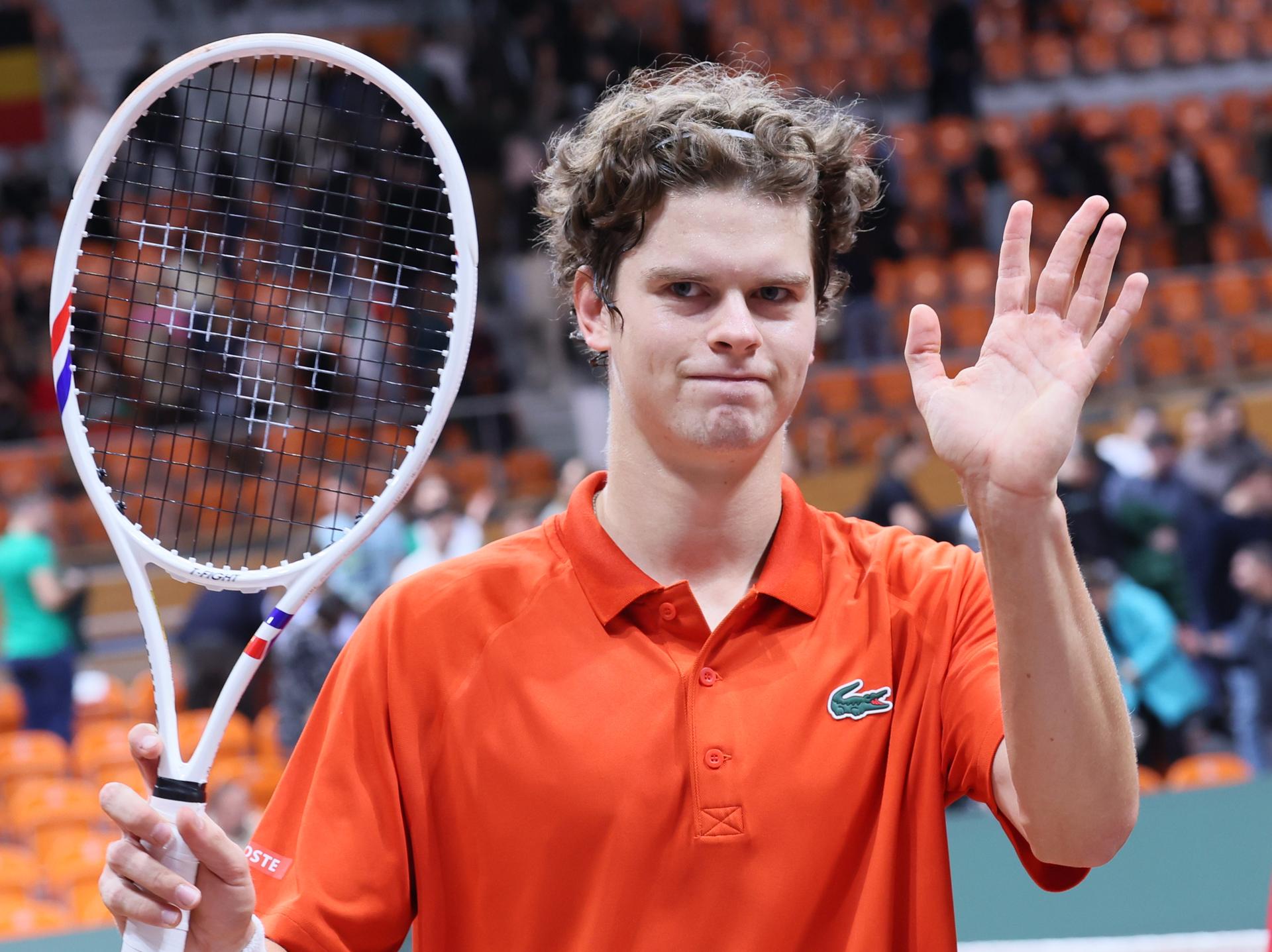 Belgian Alexander Blockx celebrates after winning a tennis match against Bulgarian Radulov, during the qualifier of the Davis Cup on Saturday 07 February 2026, in Plovdiv, Bulgaria. Belgium will compete this weekend in the Davis Cup qualifiers against Bulgaria. BELGA PHOTO BENOIT DOPPAGNE