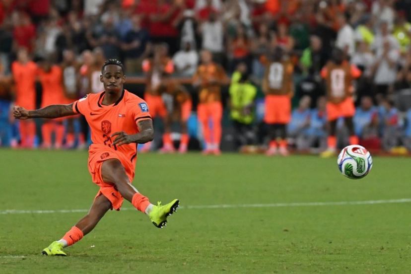 Netherlands' forward #24 Crysencio Summerville shoots and misses his penalty in the shootout during the 2026 World Cup round of 32 football match between the Netherlands and Morocco at the Monterrey Stadium in Guadalupe on June 29, 2026.   CARL DE SOUZA / AFP