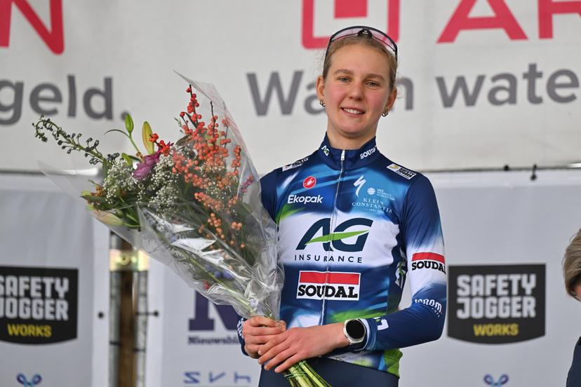 Lore De Schepper pictured on the podium after the 'Boonen and Friends' cyclocross cycling event for charity, Saturday 29 November 2025 in Mol. BELGA PHOTO LUC CLAESSEN