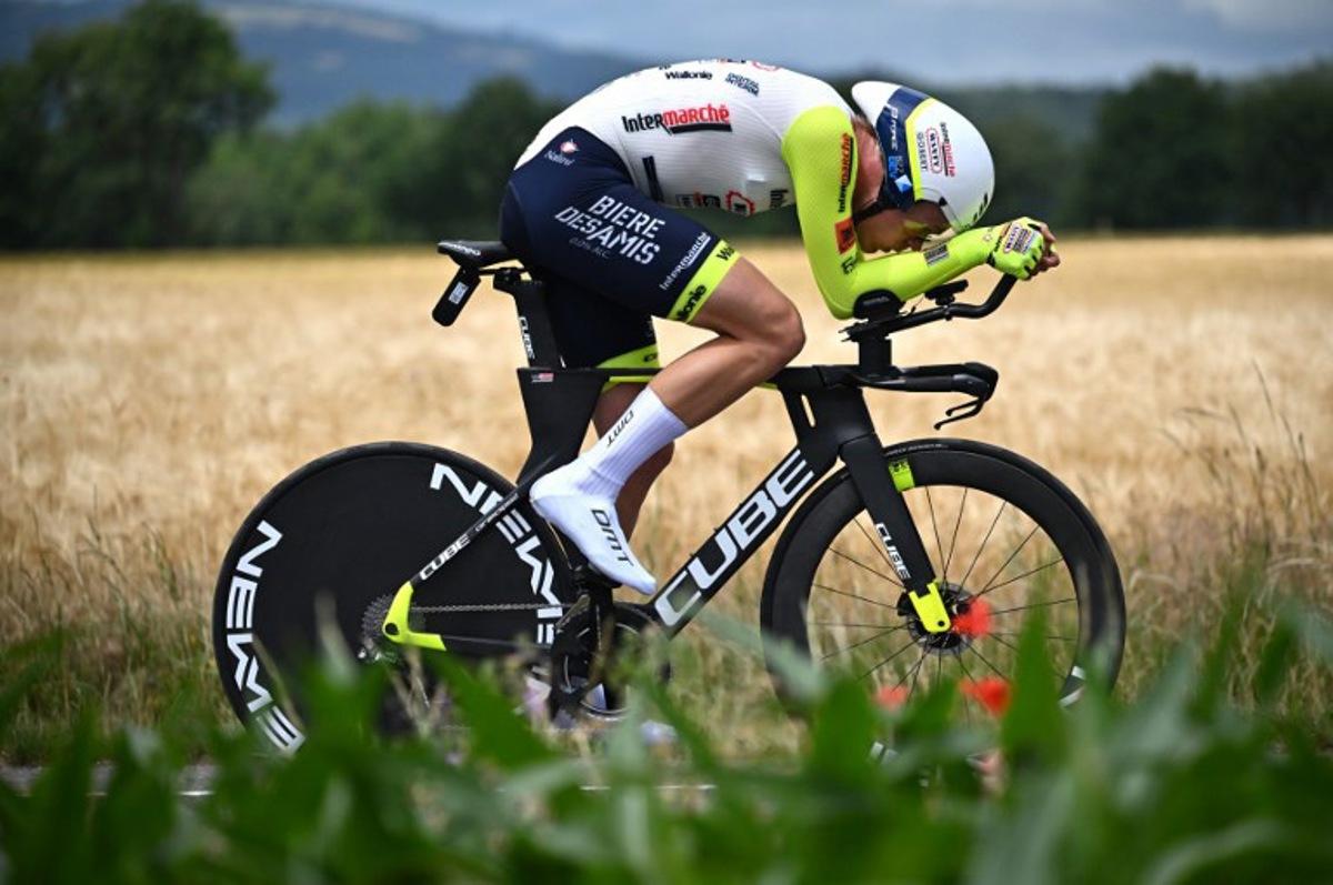 Intermarche-Wanty-Gobert Materiaux team's Danish rider Julius Johansen rides during the fourth stage of the 74th edition of the Criterium du Dauphine individual time trial cycling race, 31.9 km between Montbrison and La Batie d'Urfe, central eastern France, on June 8, 2022.  Marco BERTORELLO / AFP