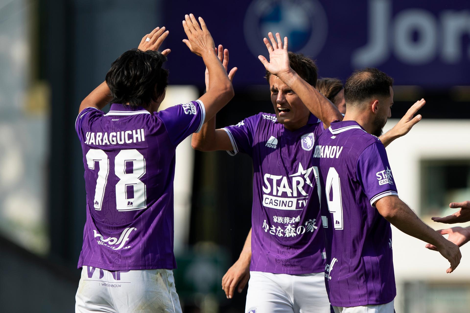 Beerschot's Genki Haraguchi and Jelle Vossen celebrate during a soccer match between Beerschot VA and Jong KAA Gent, Sunday 16 August 2026 in Antwerp, on day 1 of the 2026-2027 'Challenger Pro League' second division of the Belgian championship. BELGA PHOTO KRISTOF VAN ACCOM