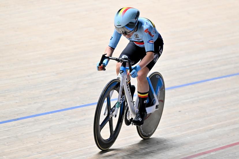 Belgian Lani Wittevrongel pictured in action during the women's Points Race final at the 2025 UEC Track Elite European Championships, in Heusden-Zolder, Belgium, Saturday 15 February 2025. The European Championships take place from 12 to 16 February. BELGA PHOTO DIRK WAEM