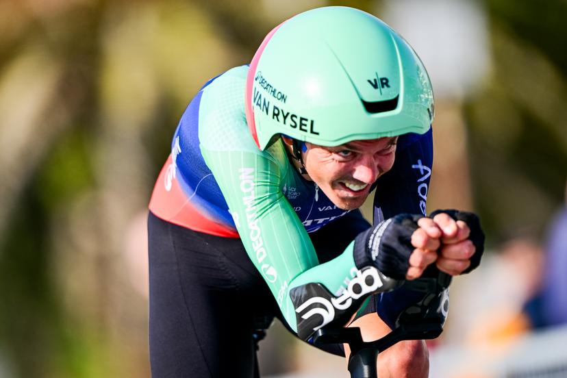 Austrian Gregor Muhlberger of Decathlon CMA CGM Team pictured in action during the first stage of the Tirreno-Adriatico cycling race, a 11,5km individual time trial in Lido di Camaiore, Italy, Monday 09 March 2026. BELGA PHOTO DIRK WAEM