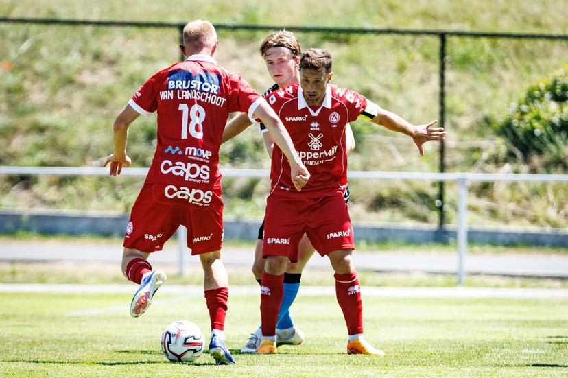 Club's Cisse Sandra and Kortrijk's Brecht Dejaegere fight for the ball during a friendly soccer game between KV Kortrijk vs Club Brugge, on Saturday 04 July 2026 in Knokke-Heist, in preparation of the upcoming 2026-2027 Belgian first division soccer season. BELGA PHOTO KURT DESPLENTER