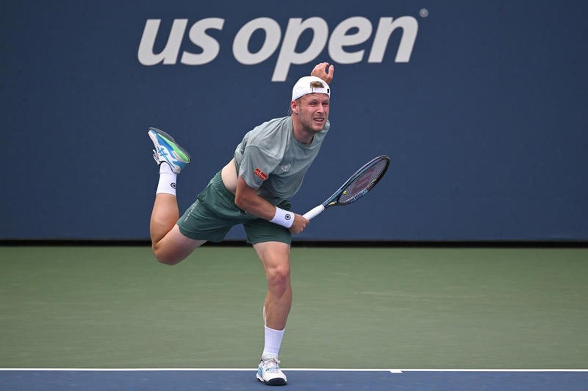 Gauthier Onclin of Belgium returns a serve against Nikoloz Basilashvili of Georgia during the Men's Qualifying Singles Round 1 of the 2025 US Open tournament, at the USTA Billie Jean King National Tennis Center in Flushing Meadow-Corona Park, in the Queens borough of New York, NY, August 18, 2025. (Photo by Anthony Behar/SipaUSA)