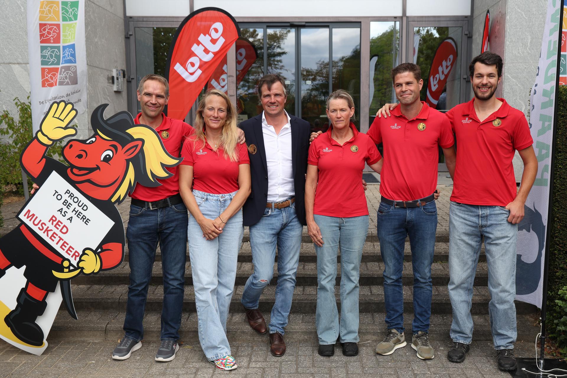 Belgian Maarten Boon,Belgian Lara de Liedekerke, Eventing team manager Kai-Steffen Meier, Belgian Karin Donckers, Belgian Wouter De Cleene and Belgian Senne Vervaecke pose for the photographer at a press moment of the 'Red Musketeers' riders that will compete at the upcoming World Championships, on Monday 27 July 2026 in Zaventem. The FEI World Championships will take place in Aachen, Germany from 11 to 23 August. BELGA PHOTO VIRGINIE LEFOUR