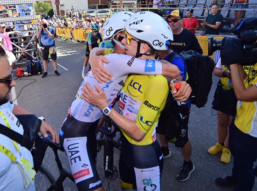 Mexican Isaac Del Toro of UAE Team Emirates XRG congratulates Slovenian Tadej Pogacar of UAE Team Emirates XRG after winning stage 19 of the 2026 Tour de France cycling race, a stage of 125km from Gap to Alpe d'Huez, on Friday 24 July 2026. The 113th edition of the Tour de France starts on Saturday 4 July in Barcelona, Spain, and will finish in Paris, France on the 26th of July. BELGA PHOTO POOL PETE GODING