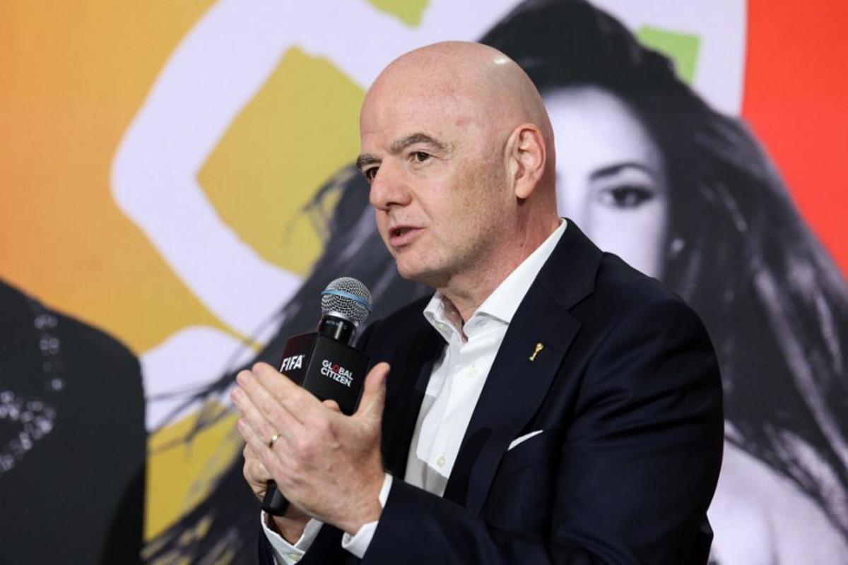 FIFA President Gianni Infantino speaks on stage for the 2026 World Cup halftime show announcement during the Global Citizen and FIFA World Cup panel at the Global Citizen NOW event in New York City on May 14, 2026.  CHARLY TRIBALLEAU / AFP