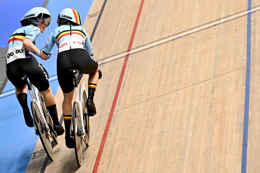 Belgian Katrijn De Clercq and Belgian Helene Hesters pictured in action during the women's Madison final at the 2025 UEC Track Elite European Championships, in Heusden-Zolder, Belgium, Sunday 16 February 2025. The European Championships take place from 12 to 16 February. BELGA PHOTO DIRK WAEM