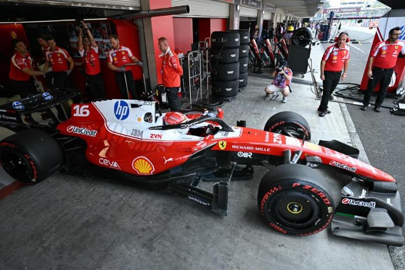 Ferrari's Monegasque driver Charles Leclerc leaves the garage during the first practice session of the Mexico City Formula One Grand Prix at the Hermanos Rodriguez racetrack in Mexico City on October 30, 2026.  YURI CORTEZ / AFP