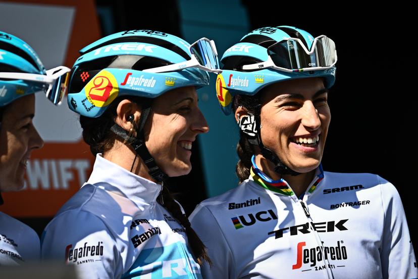 French Audrey Cordon-Ragot of Trek - Segafredo , Dutch Lucinda Brand of Trek - Segafredo and Italian Elisa Balsamo of Trek - Segafredo pictured at the start of the second edition of the women elite race of the 'Paris-Roubaix' cycling event, 124,7km from Denain to Roubaix, France on Saturday 16 April 2022. BELGA PHOTO JASPER JACOBS