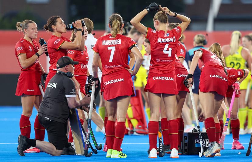 Belgium's head coach Adam Commens talks during a hockey game between Belgian national team Red Panthers and Australia, Tuesday 23 June 2026 in Wavre, match 13/16 in the group stage of the women's FIH Pro League competition. BELGA PHOTO VIRGINIE LEFOUR