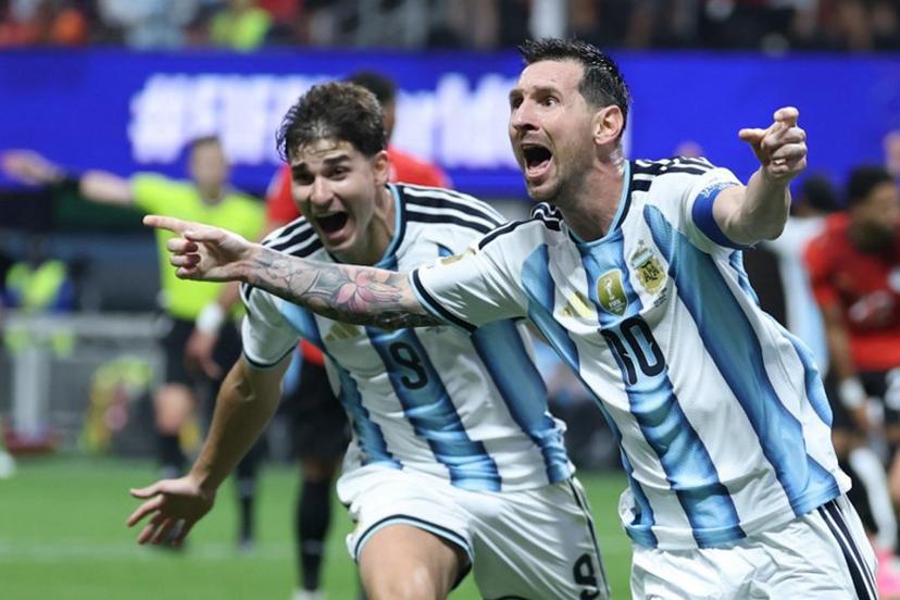 Argentina's forward #10 Lionel Messi celebrates scoring his team's second goal during the 2026 World Cup round of 16 football match between Argentina and Egypt at Atlanta Stadium in Atlanta on July 7, 2026.   Thomas COEX / AFP