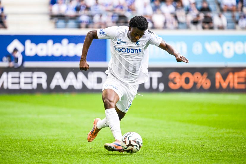 Genk's Christian Akpan pictured in action during a soccer match between KAA Gent and Racing Genk, Sunday 31 May 2026 in Gent, an European Play-off game of the 2025-2026 'Jupiler Pro League' first division of the Belgian championship. BELGA PHOTO TOM GOYVAERTS