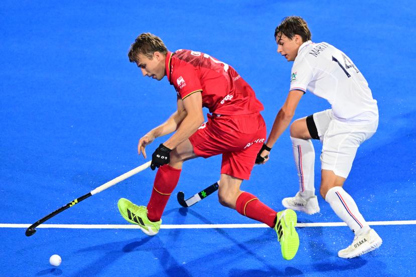Belgium's Thomas Crols and France's Gaspard Baumgarten pictured in action during a hockey game between Belgium's Red Lions and France, the first (out of three) matches during the group stage of the men's 2026 Hockey World Cup, Saturday 15 August 2026 in Wavre. The 2026 edition of the Hockey World Cup takes place in Belgium and The Netherlands from August 15 to August 30. BELGA PHOTO DIRK WAEM