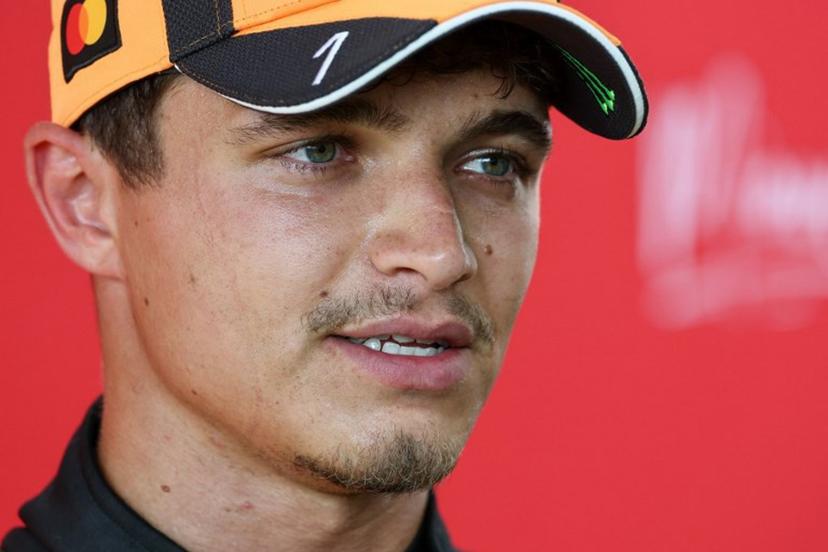 McLaren's British driver Lando Norris speaks to the media after winning the pole position during Sprint qualifying ahead of the 2026 Miami Formula One Grand Prix at Miami International Autodrome in Miami Gardens, Florida, on May 1, 2026.   CHARLY TRIBALLEAU / AFP