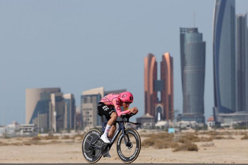 EF Education-Easypost's Spanish cyclist Markel Beloki rides during the second stage of the 6th UAE Cycling Tour from al-Hudayriyat Island to al-Hudayriyat Island on February 20, 2024.  Giuseppe CACACE / AFP