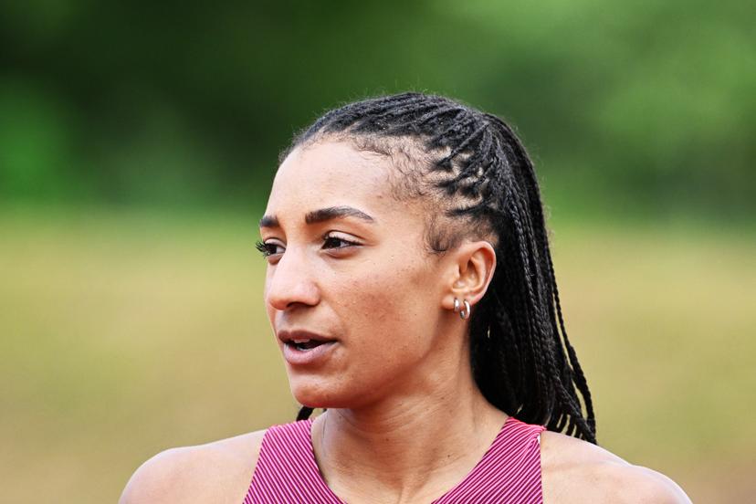 Belgian Nafissatou Nafi Thiam pictured during the 100m hurdles race at the Belgian athletics championships, Sunday 26 July 2026 in Kessel-Lo, Leuven. BELGA PHOTO JILL DELSAUX