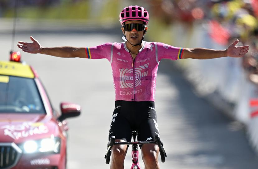 Ecuadorian Richard Carapaz of EF Education-EasyPost celebrates after winning stage 18 of the 2026 Tour de France cycling race, a stage of 185km from Voiron to Orcieres-Merlette, on Thursday 23 July 2026. The 113th edition of the Tour de France starts on Saturday 4 July in Barcelona, Spain, and will finish in Paris, France on the 26th of July. BELGA PHOTO DAVID PINTENS