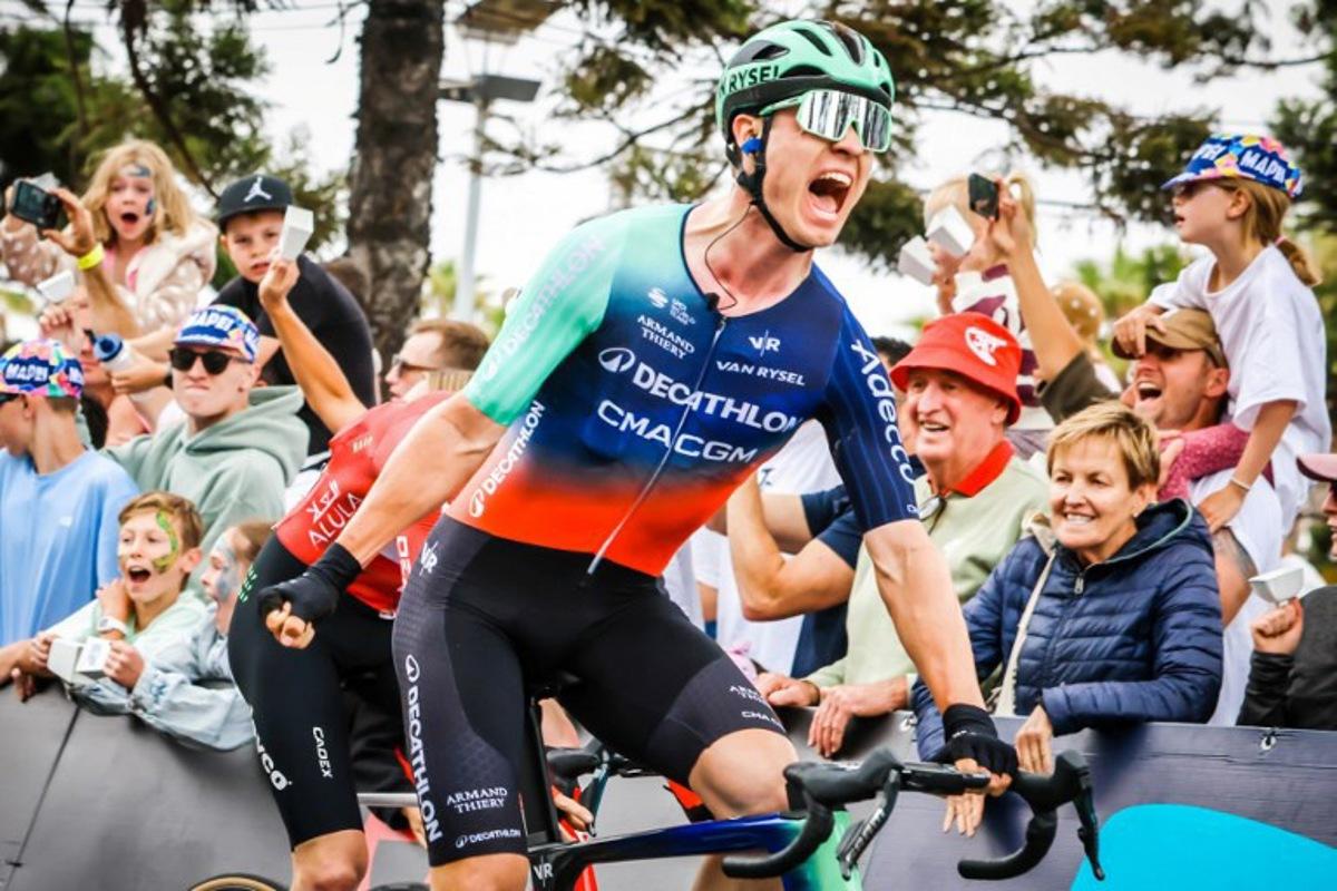 Decathlon CMA CGM Team's Danish rider Tobias Lund Andresen celebrates winning the men's elite cycling event of the 2026 Cadel Evans Great Ocean Road Race in Geelong on February 1, 2026. CHRIS PUTNAM / AFP