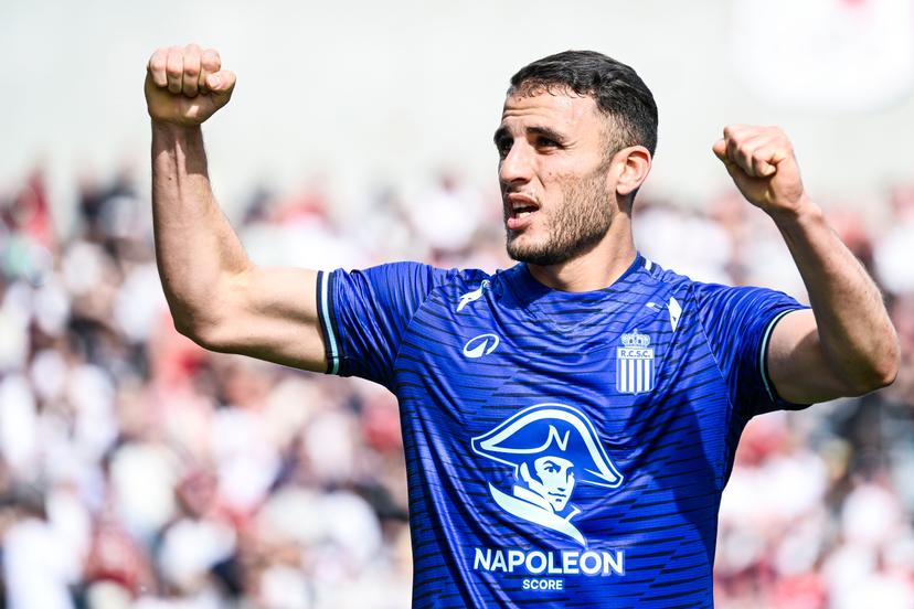 Charleroi's Yacine Titraoui celebrates after scoring during a soccer match between Royal Antwerp FC and Sporting Charleroi, Sunday 10 May 2026 in Antwerp, on the seventh day of the Europe Play-offs (PO2) of the 2025-2026 'Jupiler Pro League' first division of the Belgian championship. BELGA PHOTO TOM GOYVAERTS