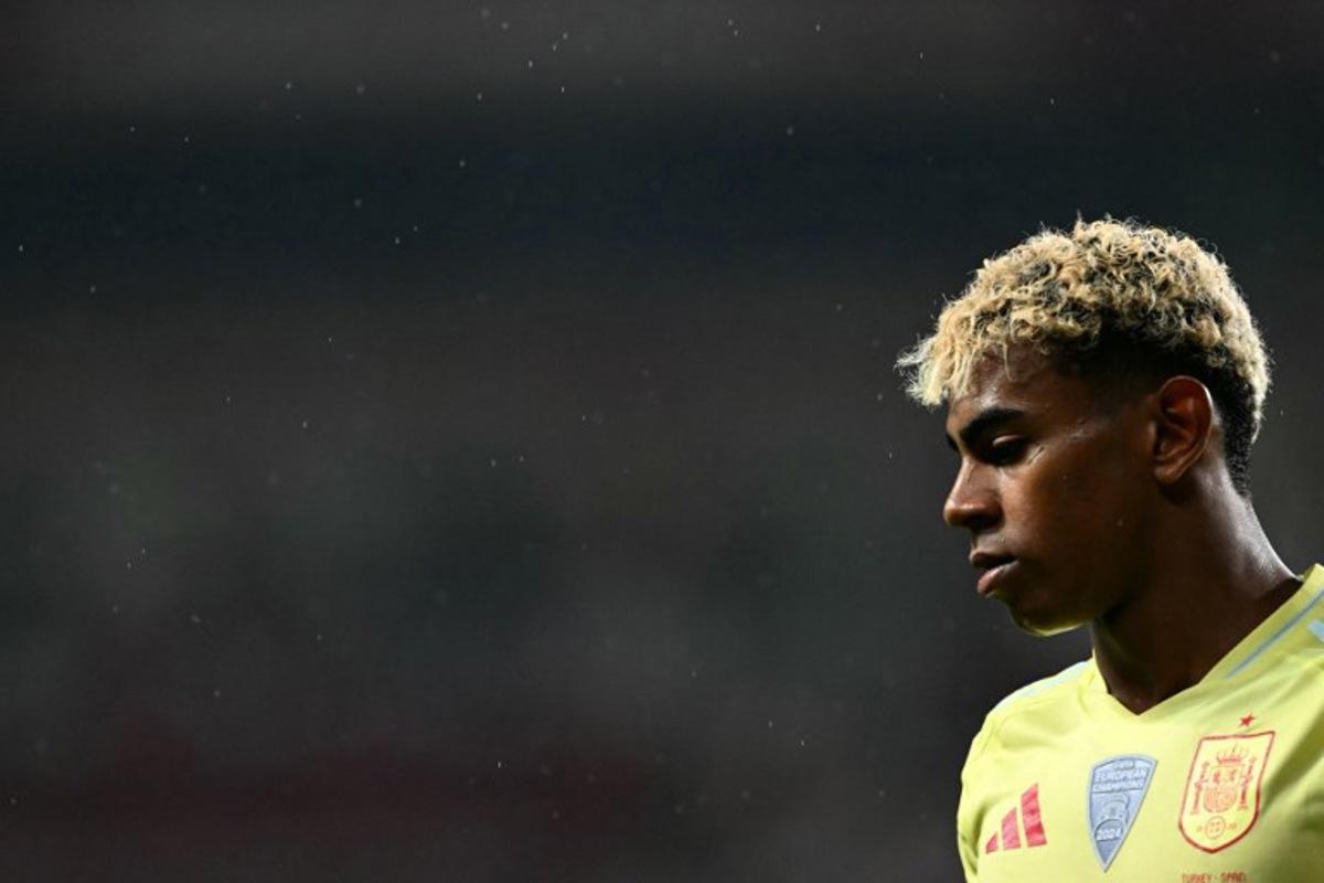 Spain's forward #19 Lamine Yamal looks on during the FIFA World Cup 2026 Group E qualification football match between Turkey and Spain at the Konya Buyuksehir Belediye Stadium, in Konya, on September 7, 2025. Ozan KOSE / AFP