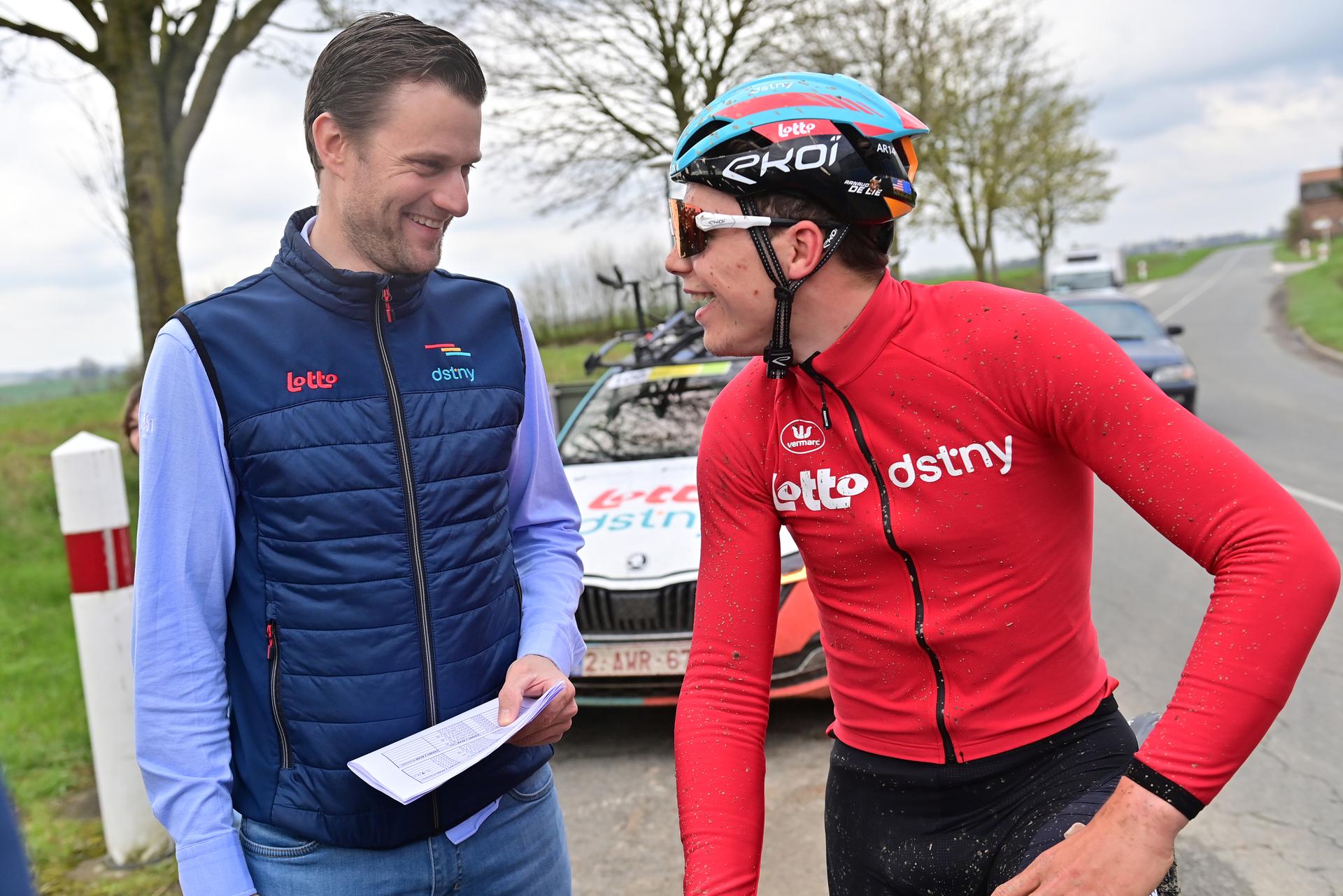 Lotto-Dstny sports director Nikolas Maes and Belgian Arnaud De Lie of Lotto-Dstny pictured during the reconnaissance of the track ahead of this year's Paris-Roubaix cycling race, Friday 07 April 2023, around Roubaix, France. The Paris-Roubaix cycling races will take place this weekend, with the women riding on Saturday and the men on Sunday. BELGA PHOTO DIRK WAEM